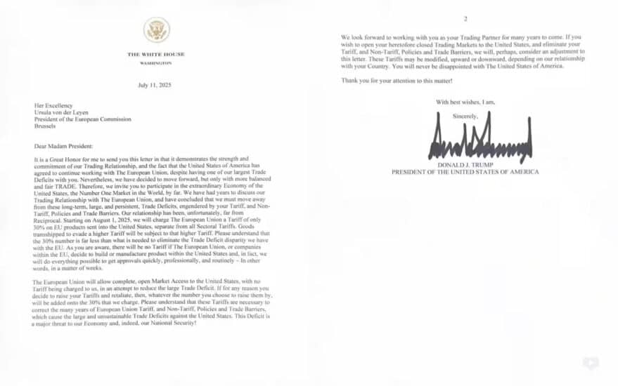 Lettera di Trump a Ursula von der Leyen: “Tariffe del 30% sui prodotti europei per un commercio più equo”